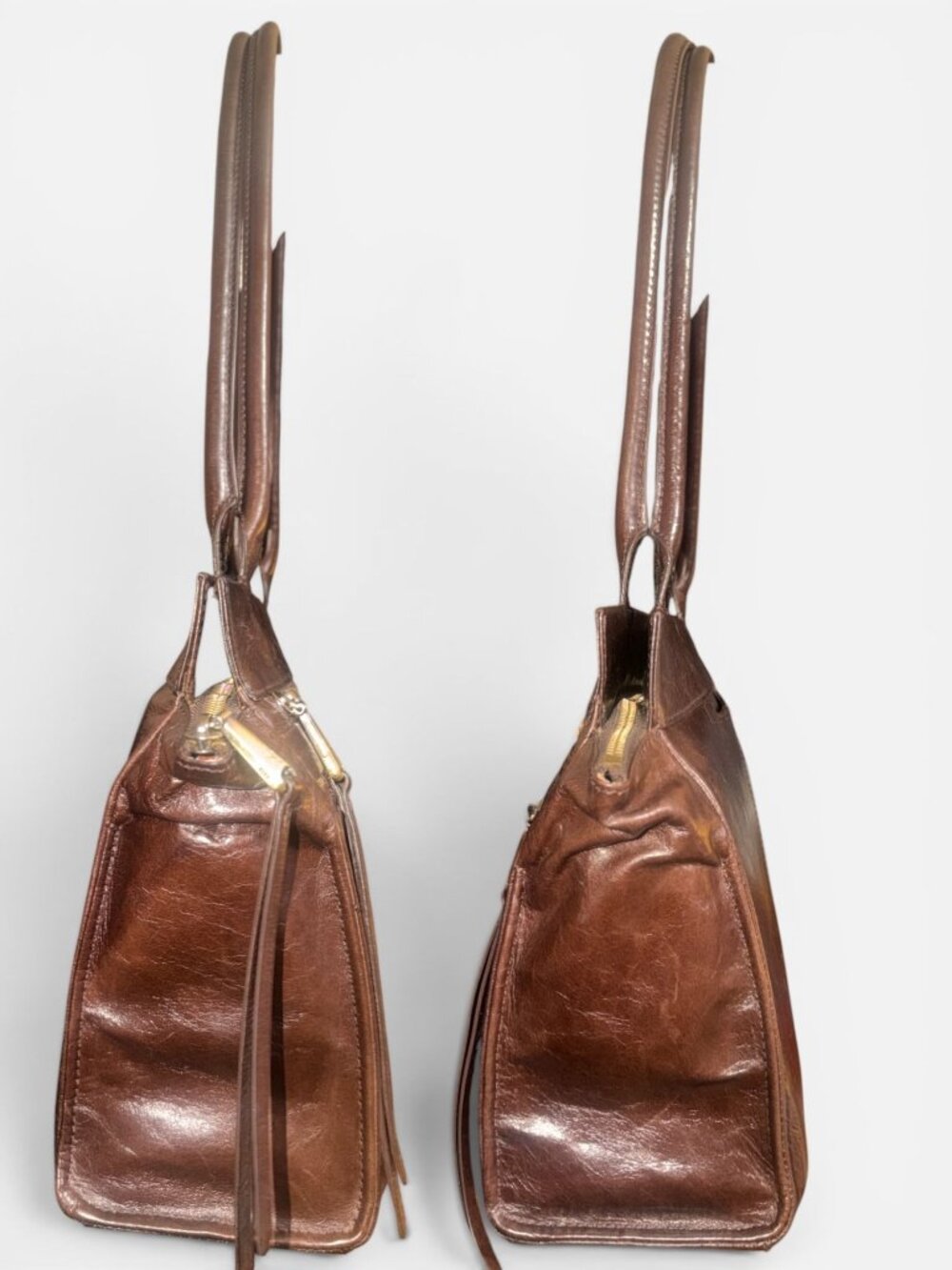 HOBO Seeker Shoulder Bag Chocolate Brown Polished Leather Double Handle Satchel - Picture 4 of 7